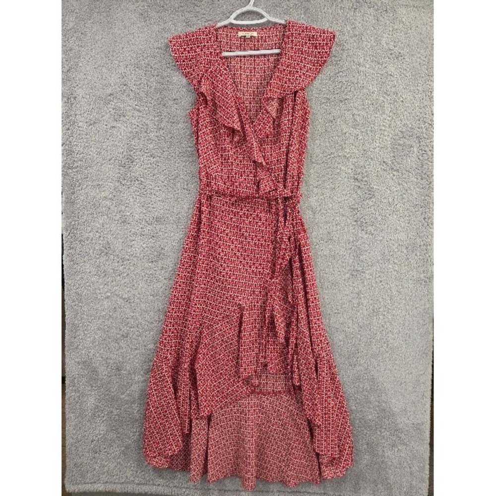 Max Studio Dress XS Womens Red White Geo Print Ruffle High Low True Wrap Midi